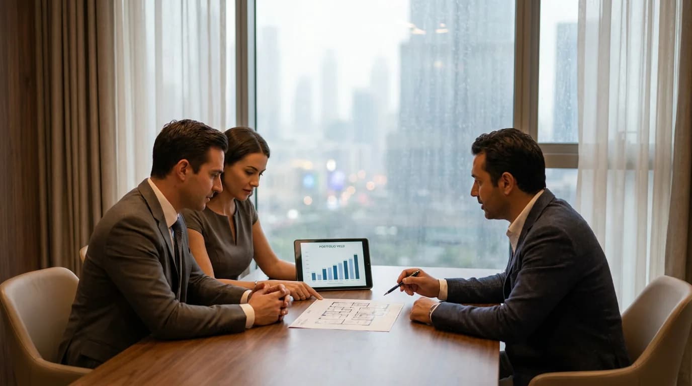 Advisor reviewing a Dubai property investment portfolio with clients