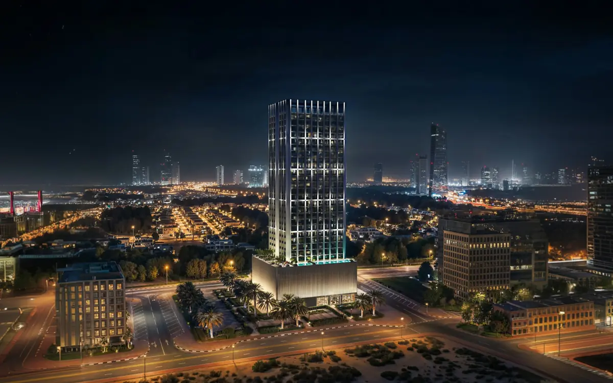 Binghatti Etherea tower in Jumeirah Village Circle at night, developer render