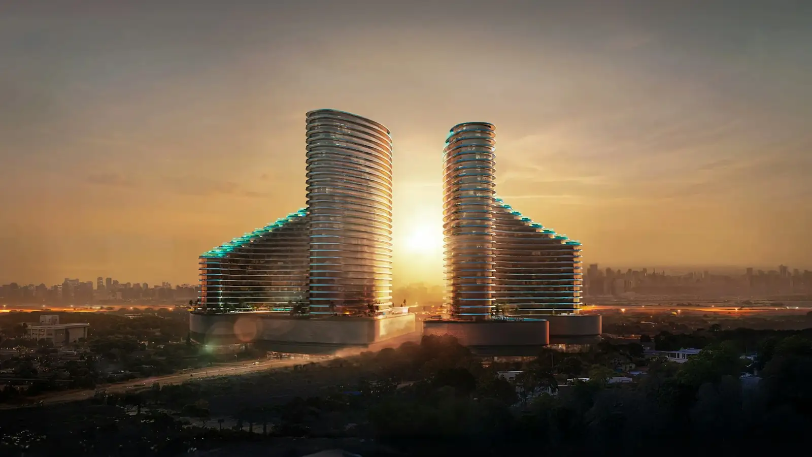 Binghatti Skyflame's twin towers in Majan, Dubai, at sunset, developer render