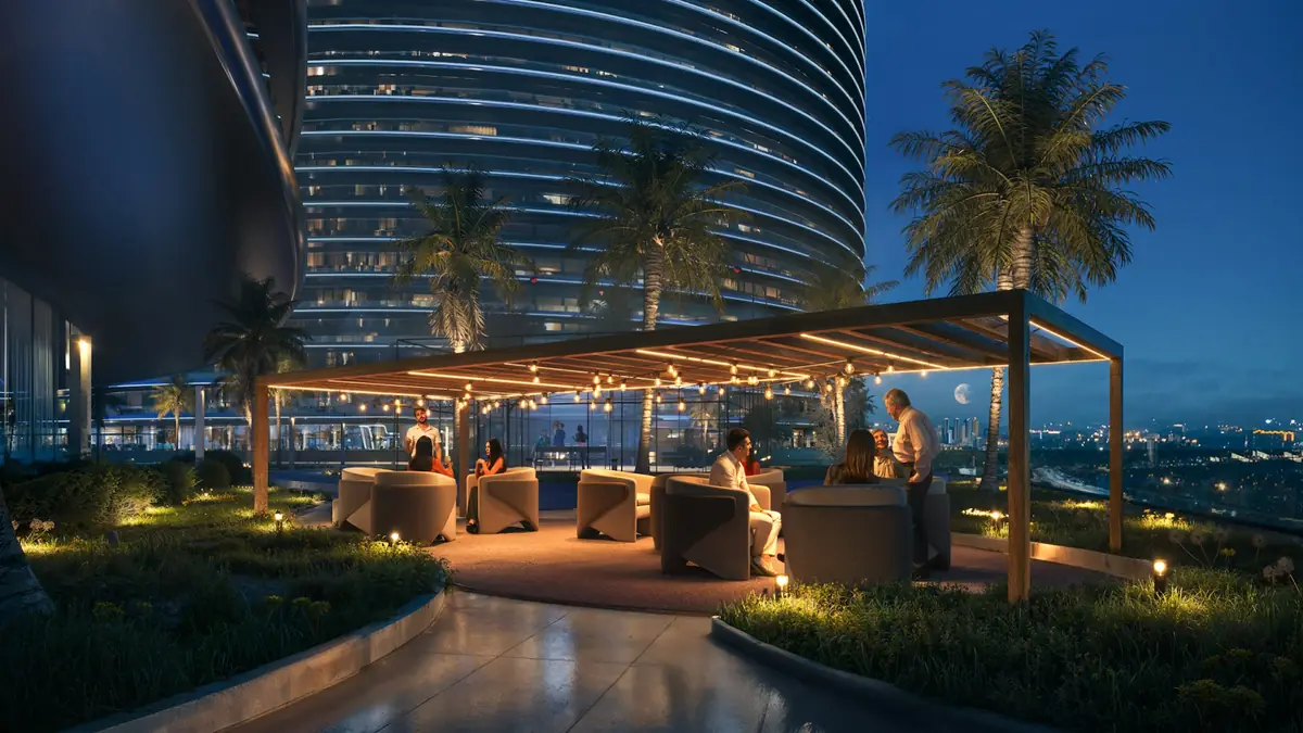 Garden lounge under a lit pergola at Skyflame at night, developer render
