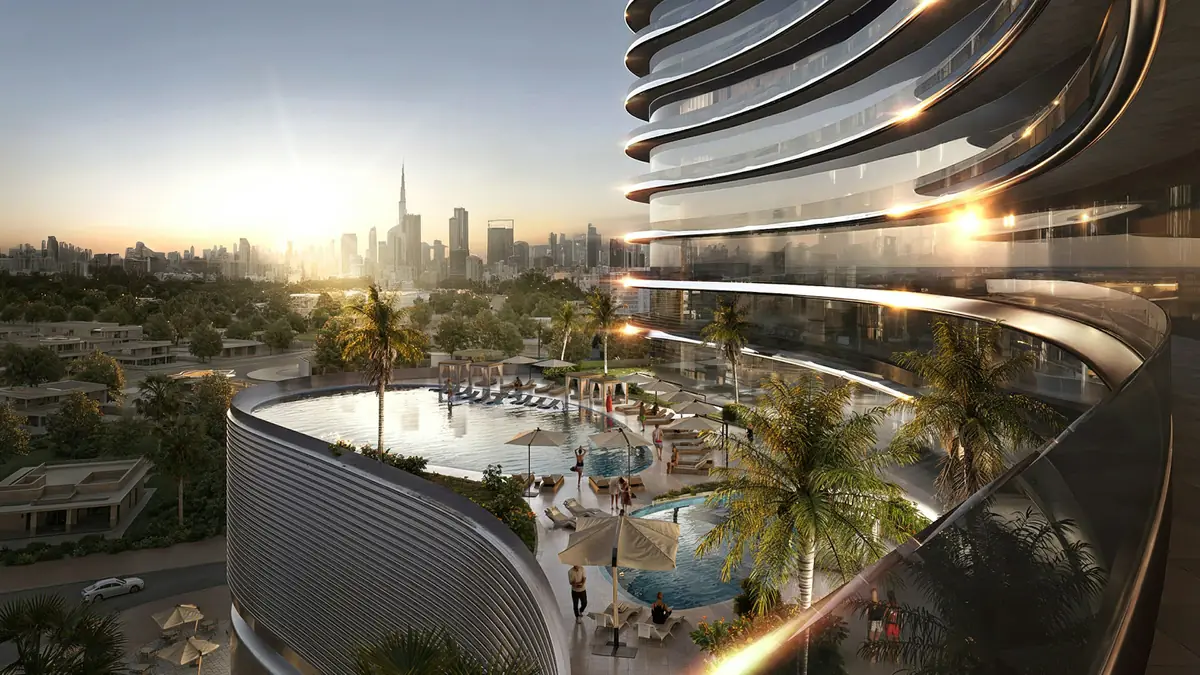 Pool deck with cabanas and palms beside a Skyflame tower, developer render