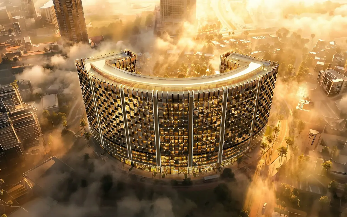 Binghatti Wraith, a curved tower in Al Jaddaf, seen from above at sunrise, developer render