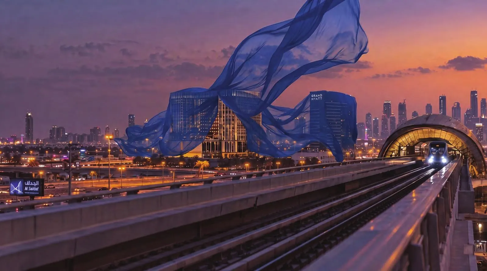 Binghatti Starfall wrapped in blue fabric before its unveiling, seen from the metro line, developer teaser image
