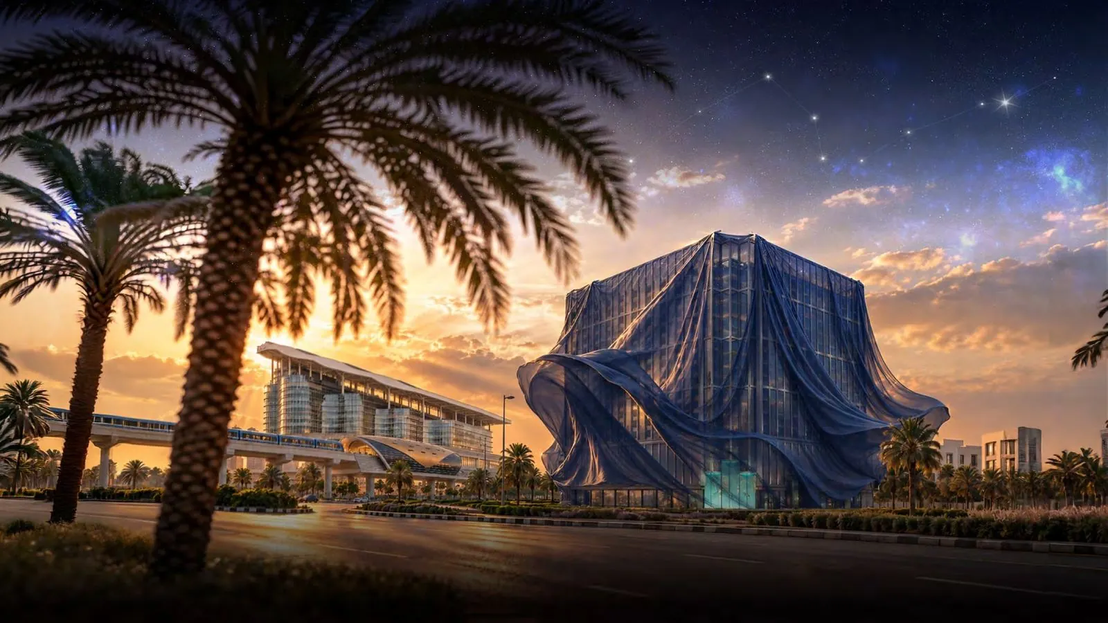Binghatti Starfall wrapped in blue fabric at night before its unveiling, beside the metro station, developer teaser image