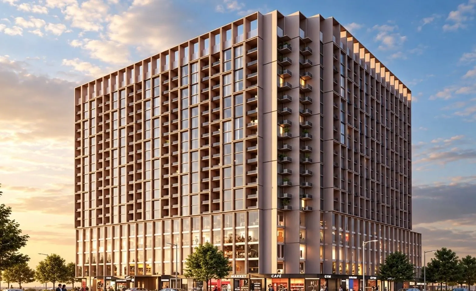 Binghatti Starfall, Al Jaddaf, developer render of the tower facade