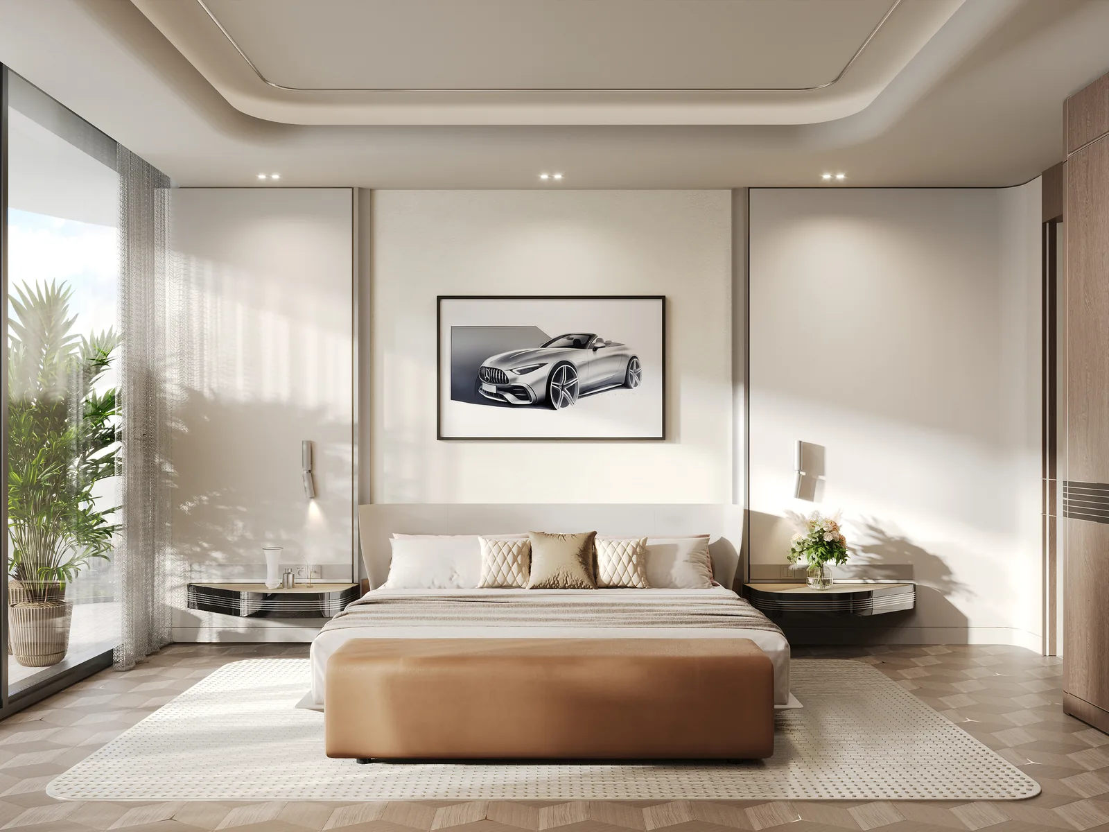 Bedroom with a large window and soft daylight, developer render