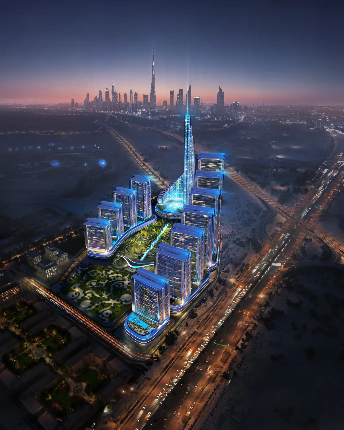Mercedes-Benz Places | Binghatti City at night with the Downtown Dubai skyline and Burj Khalifa beyond, developer render