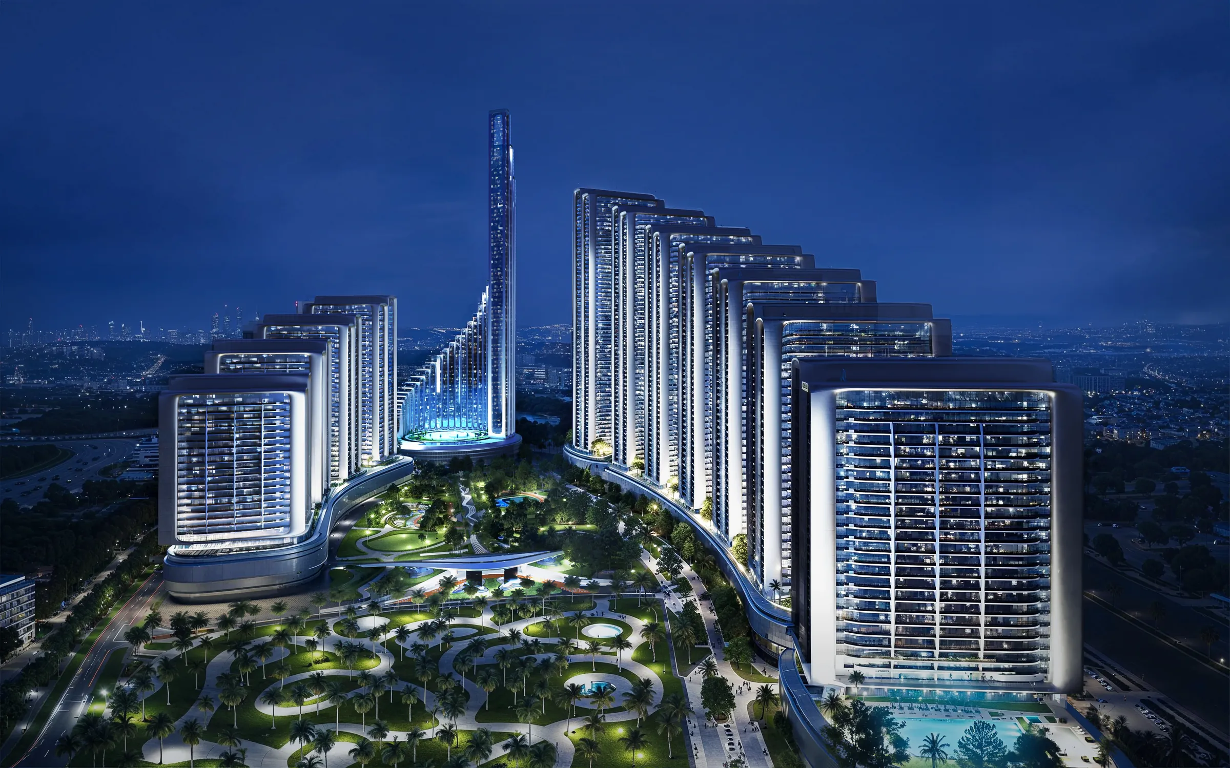 Mercedes-Benz Places | Binghatti City at blue hour: the spiral of Vision Iconic rising behind the lit park and towers, developer render