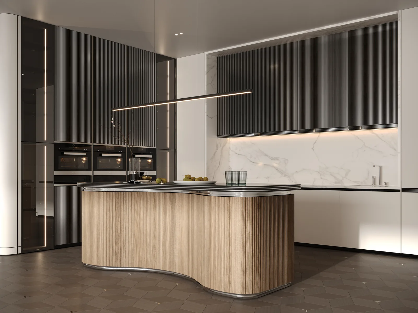 Kitchen with a curved wooden island and dark cabinetry, developer render