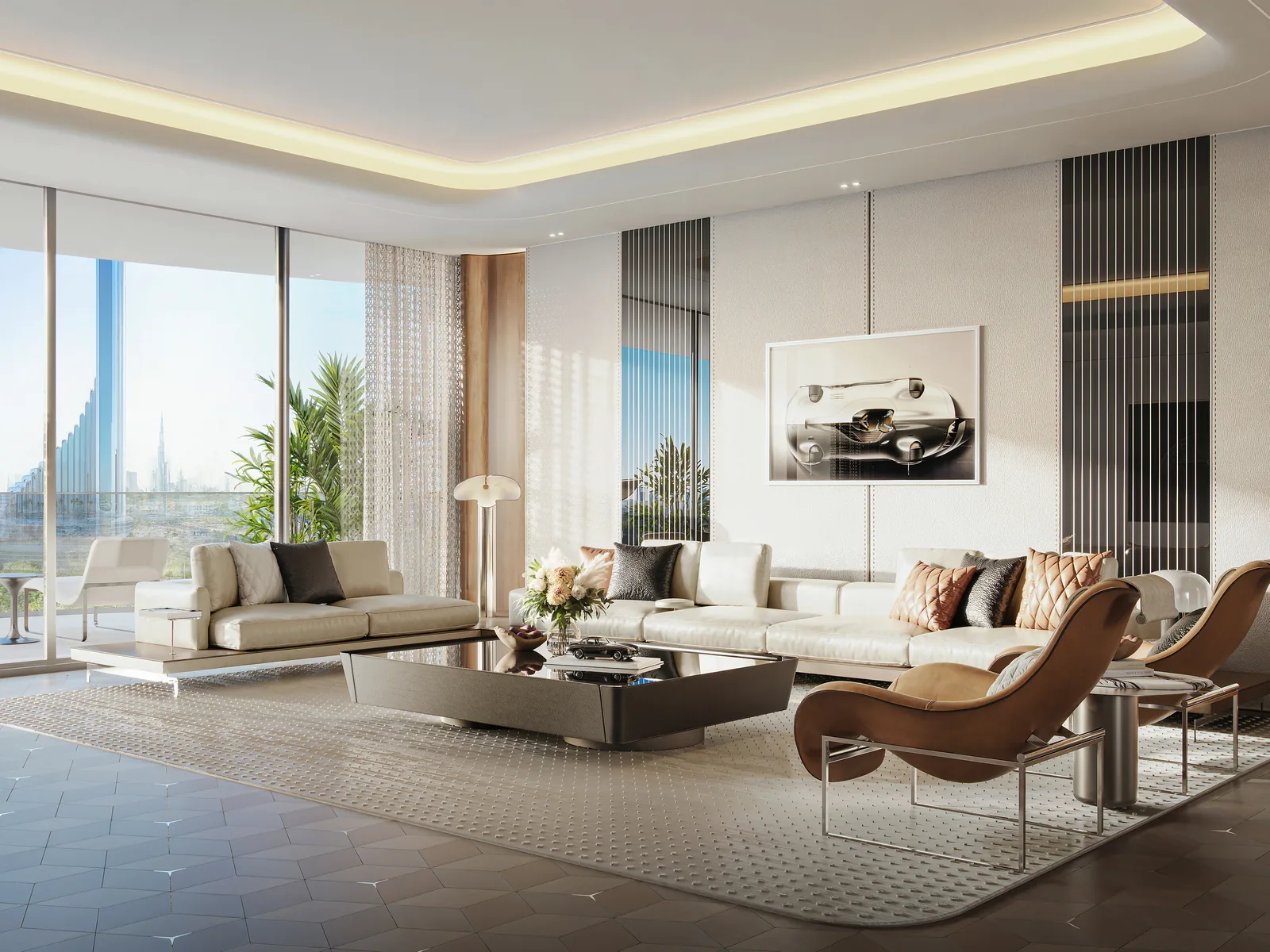 Living room with floor-to-ceiling windows, cream sofas and a city view, developer render