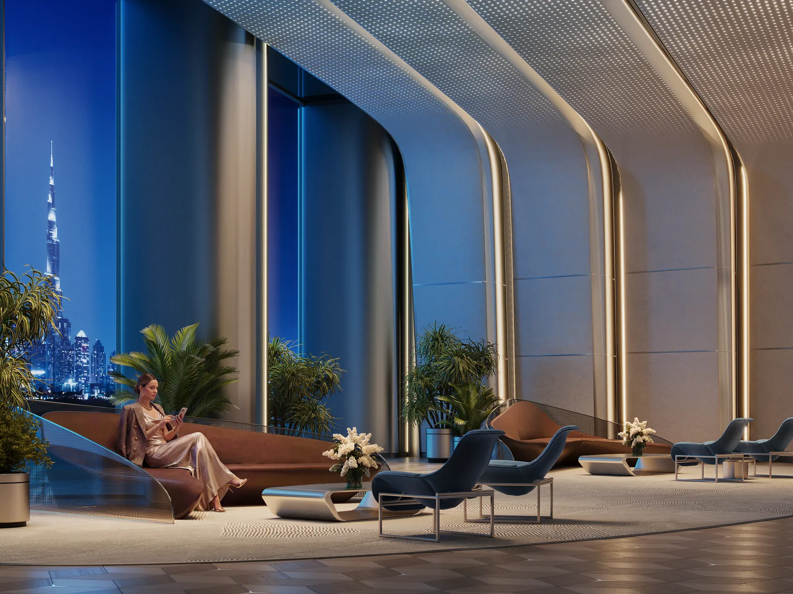 Lobby lounge at dusk with Burj Khalifa in the window, developer render