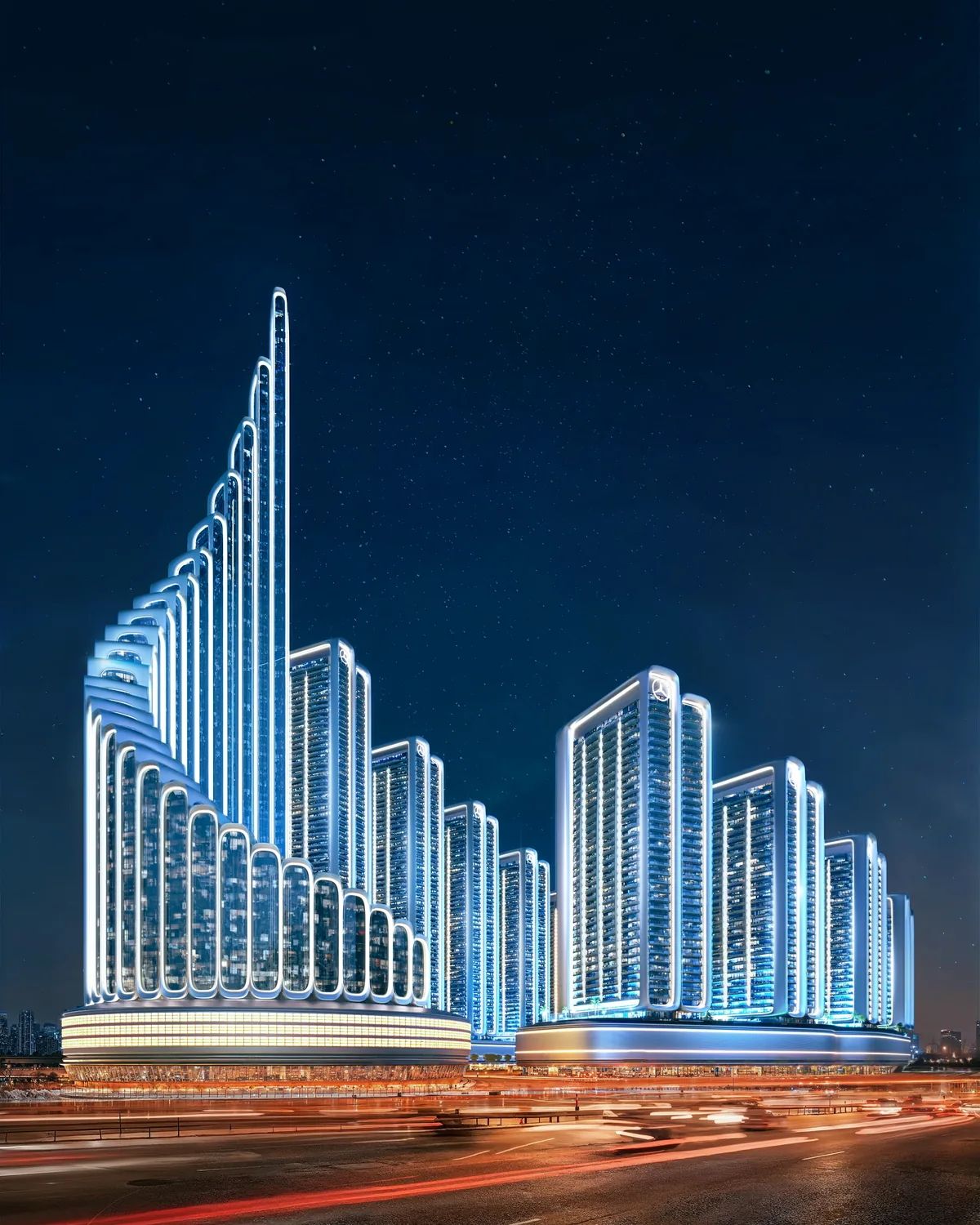 Vision Iconic's stepped spiral lit at night, seen from the street, developer render