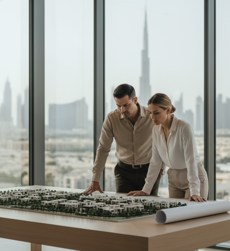 Buyer reviewing off-plan model