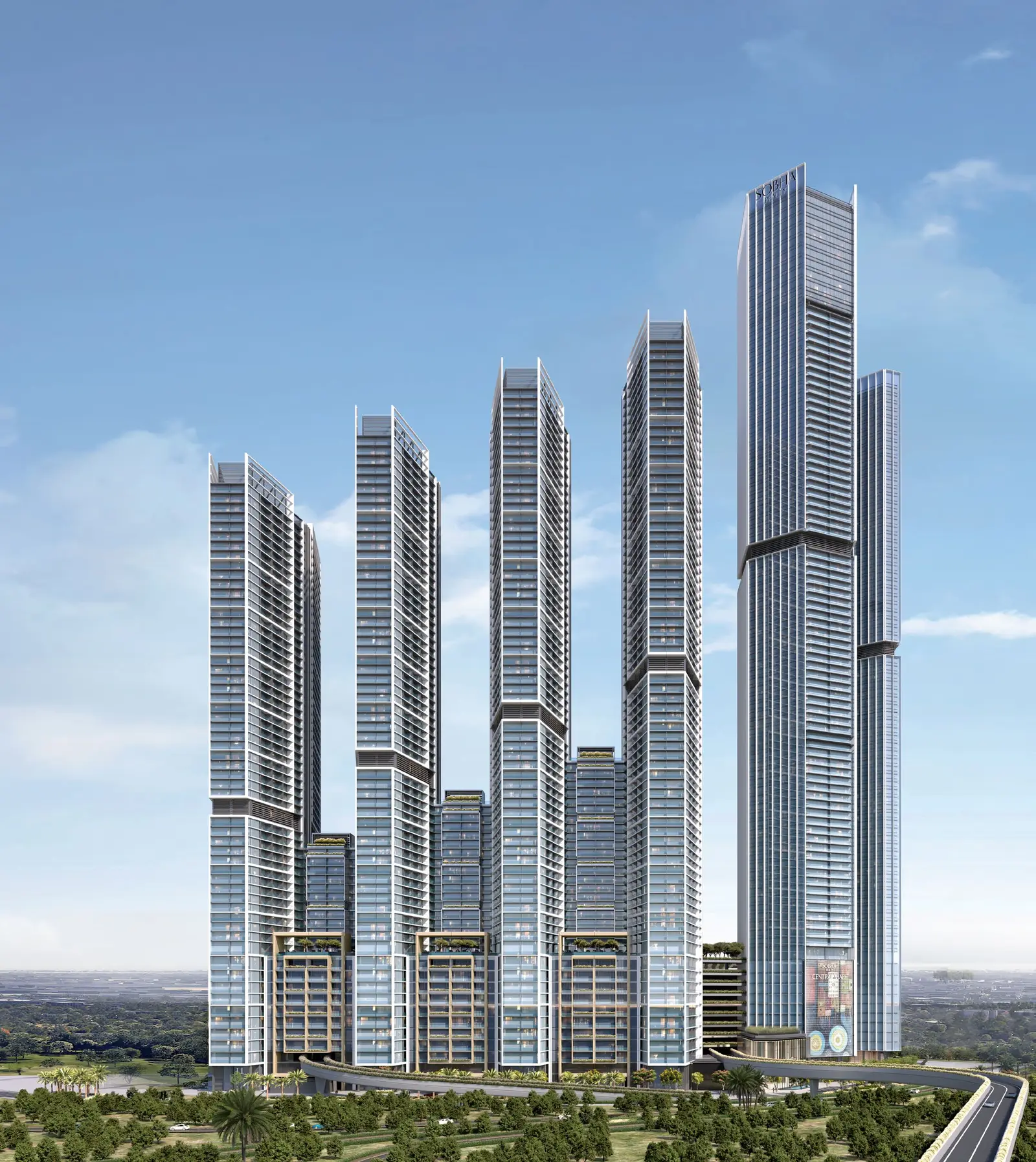 Sobha Central towers on Sheikh Zayed Road by day, developer render